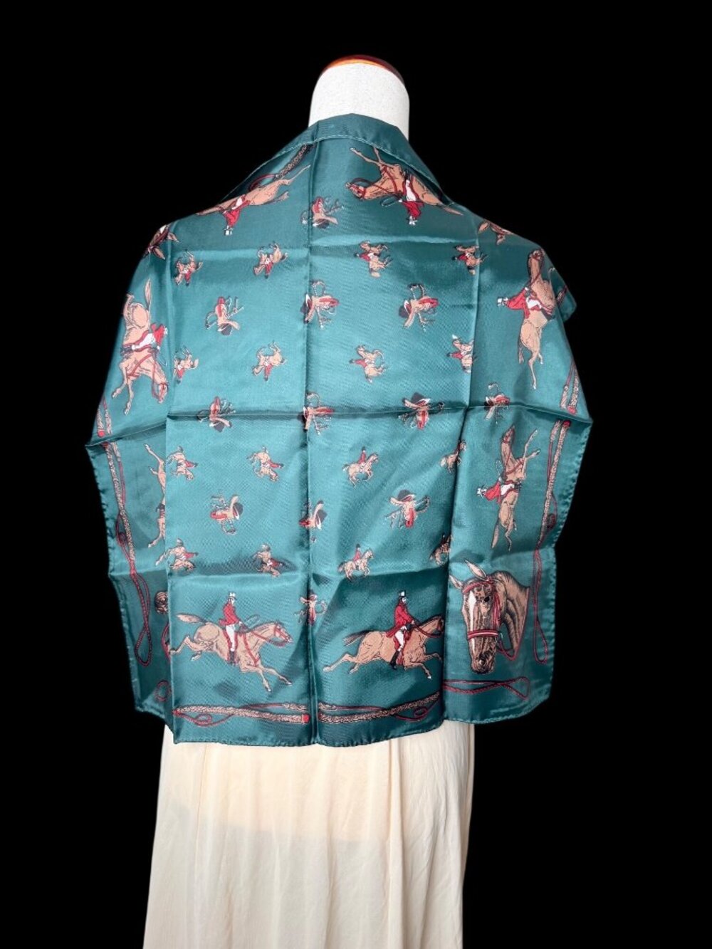 Vintage Equestrian green  Scarf 100% Acetate Horse Rider Print hand rolled japan